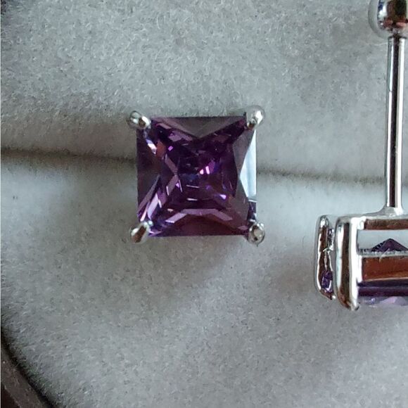 Platinum Plated S925 Sterling Silver Purple CZ Stud Earrings - Picture 5 of 8